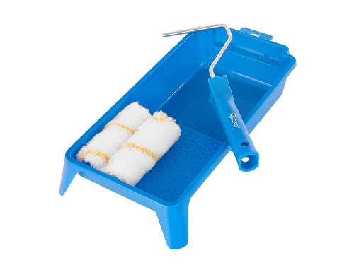 Zestaw malarski z niebieską kuwetą, uchwytem i dwoma wałkami poliakrylowymi 100x18 mm