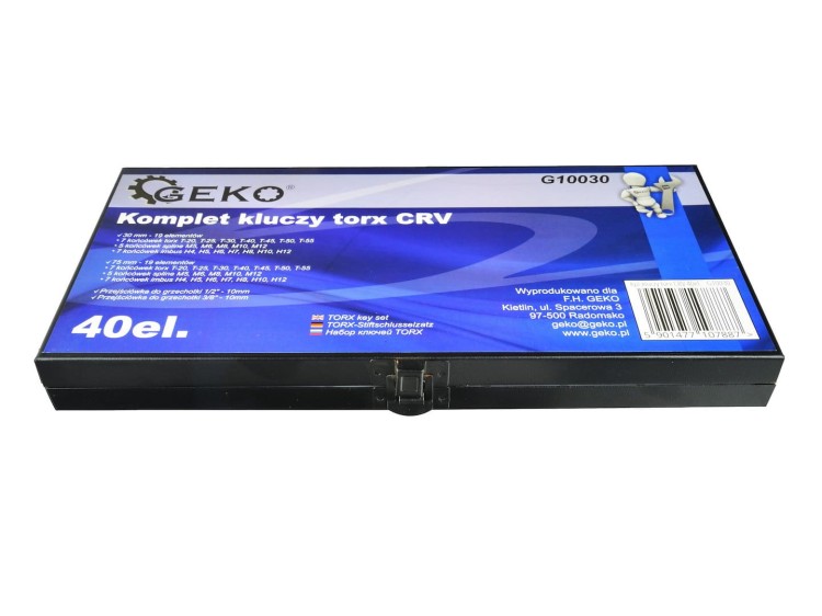 Komplet kluczy torx CRV 40 elementów przedstawiony w metalowym pudełku marki Geko