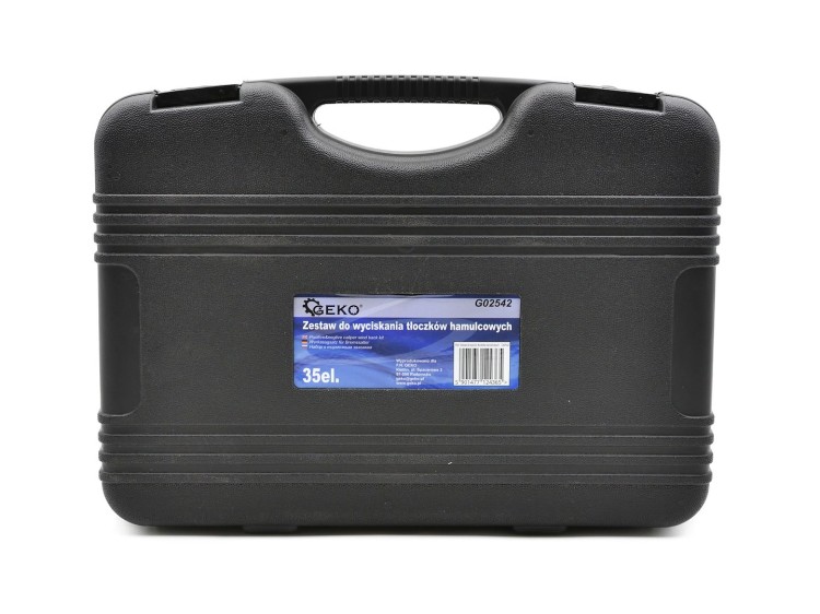 Czarna walizka narzędziowa Geko na zestaw do wyciskania tłoczków hamulcowych 35 elementów