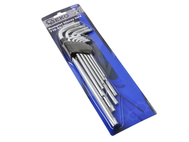 Komplet 9 kluczy TORX T15-T55 ze stali chromowo-wanadowej marki Geko w opakowaniu