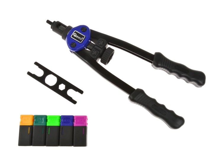 Nitownica do nitonakrętek z wymiennymi końcówkami i kluczem, uchwyty czarne