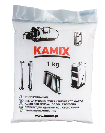 Opakowanie odkamieniacza Kamix 1 kg do usuwania kamienia kotłowego, biały worek z nadrukiem