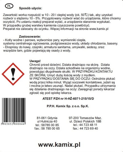 Etykieta odkamieniacza Kamix 1 kg z instrukcją użycia, zastosowaniem i ostrzeżeniami