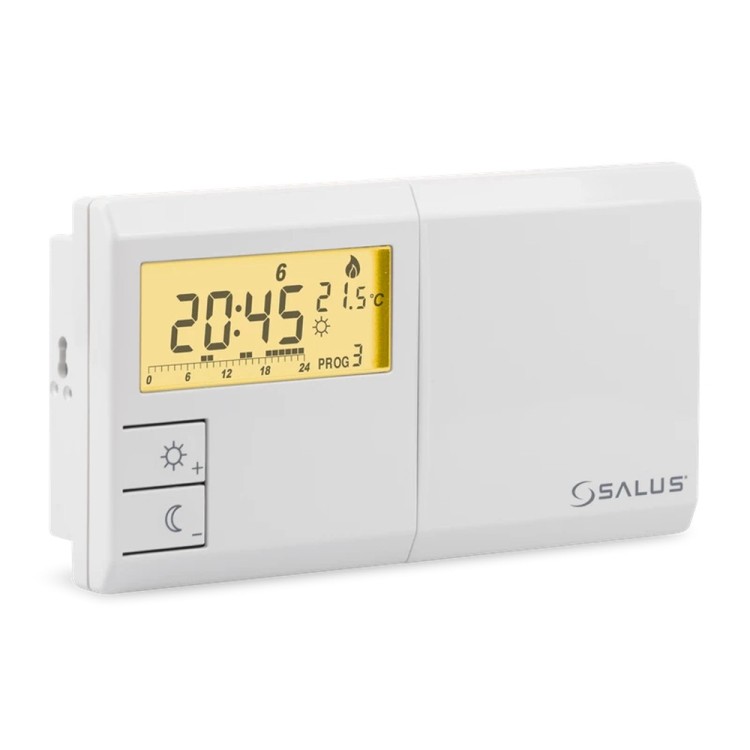 Przewodowy elektroniczny regulator temperatury Salus 091FLv2 z podświetlanym LCD i przyciskami do ustawiania temperatury widok  z boku