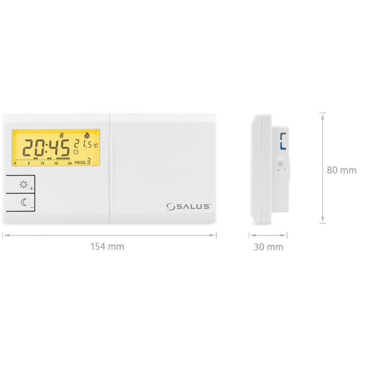Przewodowy elektroniczny regulator temperatury Salus 091FLv2 z podświetlanym wyświetlaczem LCD i wymiarami 154x80x30 mm