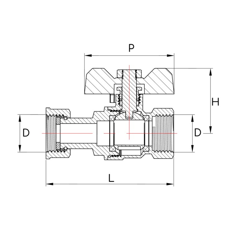 Przekrój zaworu kulowego GOSHE z nakrętką GW 1 cala, wymiary i budowa techniczna