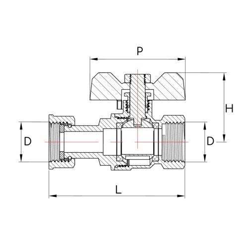 Przekrój zaworu kulowego z nakrętką GW 3/4 cala, wymiary D, H, L, P, metalowy korpus z podwójnym uszczelnieniem