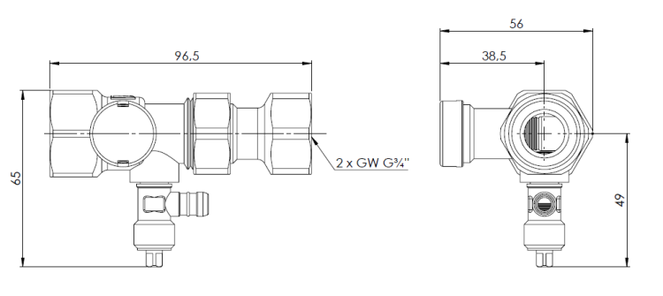 Szybkozłącze ASK do naczynia wzbiorczego z zaworem rewizyjnym 3/4" GW, wymiary techniczne