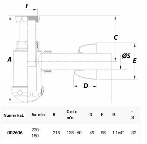 Schemat techniczny półsyfonu umywalkowo-bidetowego JI-2606 z wymiarami i oznaczeniami gwintu 1 1/4" oraz średnicy odpływu 32 mm