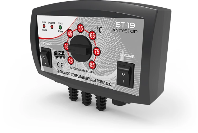 Sterownik ST-19 do pomp CO z potencjometrem temperatury i funkcją antystop, czarny panel z wyłącznikami