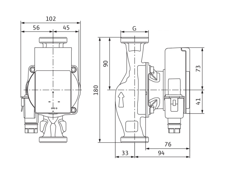 Uniwersalna pompa obiegowa Wilo-Atmos PICO z wymiarami 102x180 mm i przyłączami gwintowanymi G 1½