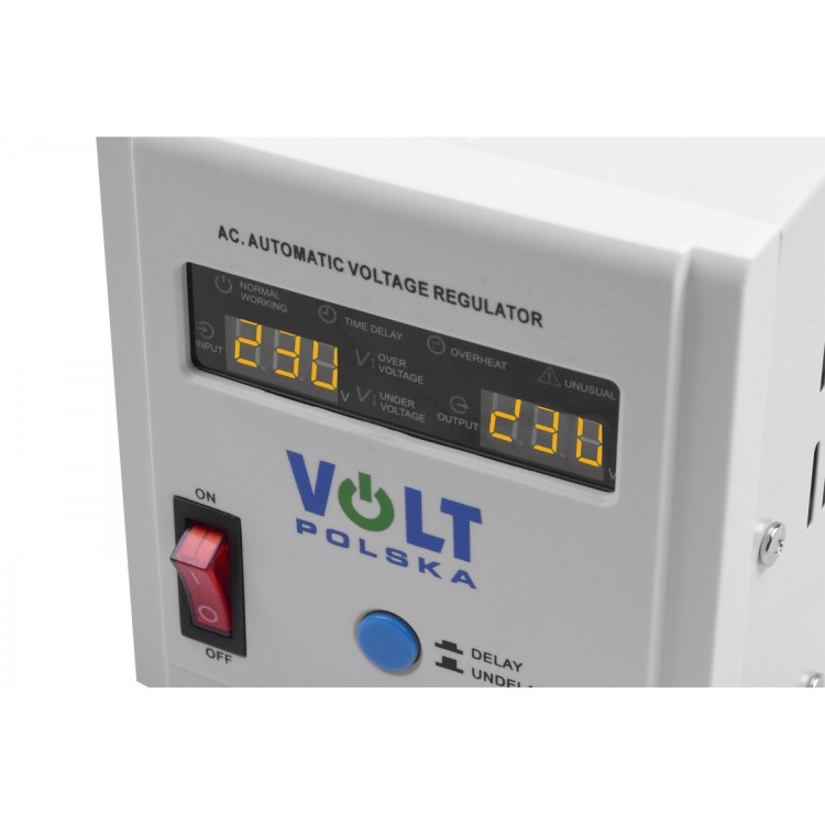 Stabilizator napięcia AVR 500VA z wyświetlaczem 230V, przełącznikiem i logo VOLT POLSKA
