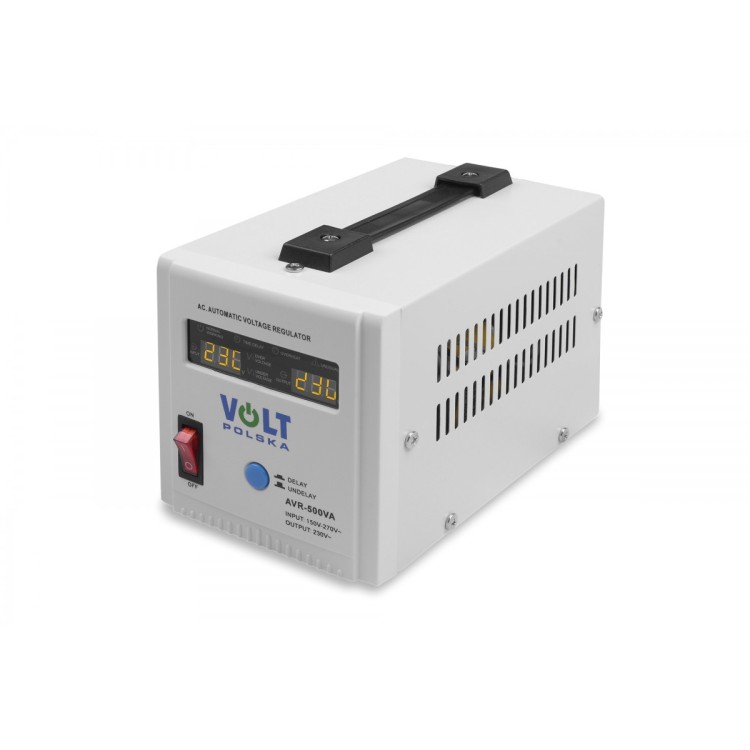 Stabilizator napięcia sieciowego AVR 500VA marki VOLT z cyfrowym wyświetlaczem i przełącznikiem zasilania