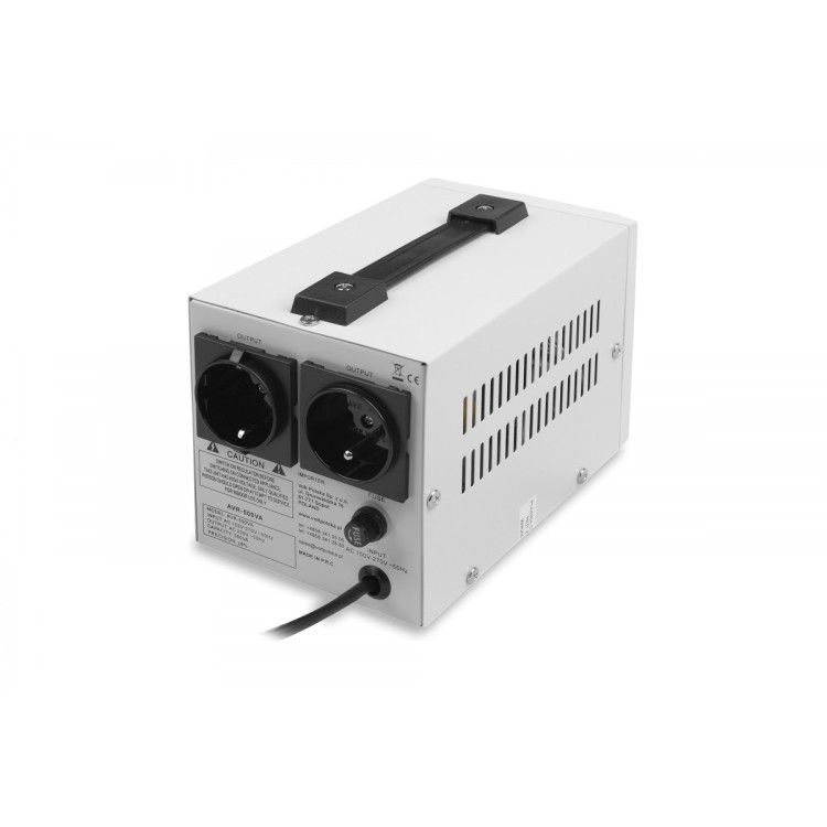 Stabilizator napięcia AVR 500VA z dwoma gniazdami i pokrętłem regulacji, obudowa metalowa z uchwytem