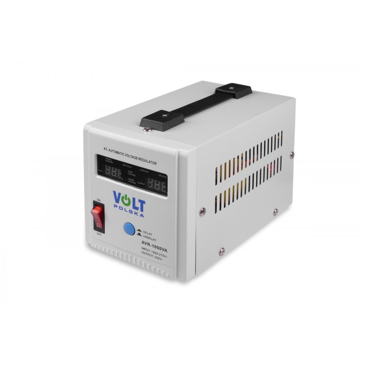 Stabilizator napięcia AVR 1000VA marki VOLT z wyświetlaczem i przełącznikiem zasilania