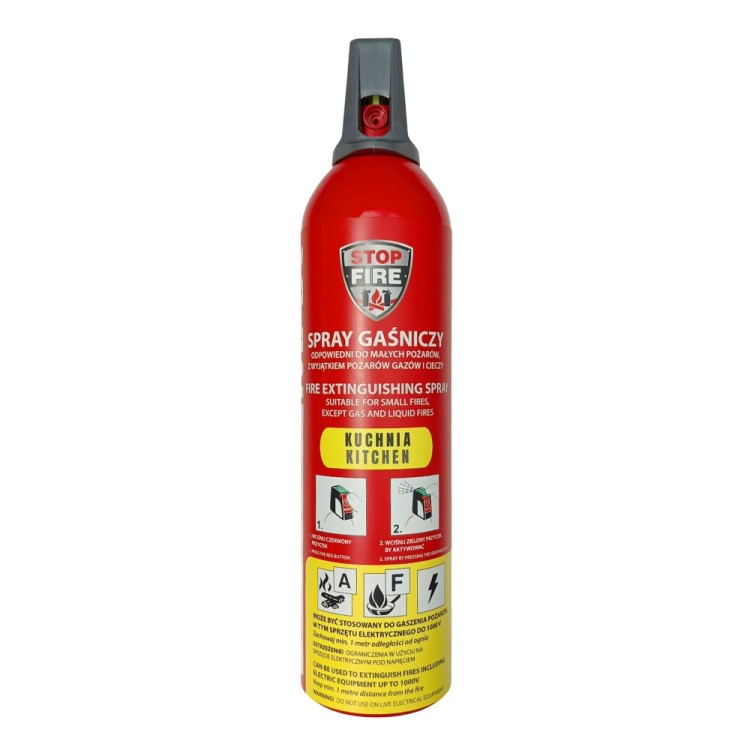 Czerwony spray gaśniczy 750 ml Reinoldmax do kuchni, typ A, F, z dyszą i instrukcją użycia