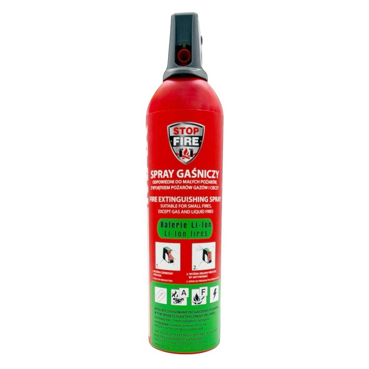 Spray gaśniczy 750 ml do baterii litowych, uniwersalny środek do pożarów typu A, F i urządzeń elektrycznych