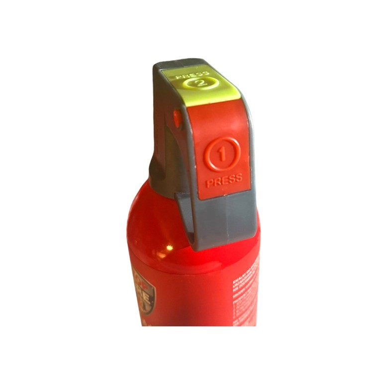 Spray gaśniczy 750 ml do baterii litowych z oznaczeniami przycisków 1 i 2 oraz czerwono-szarym uchwytem