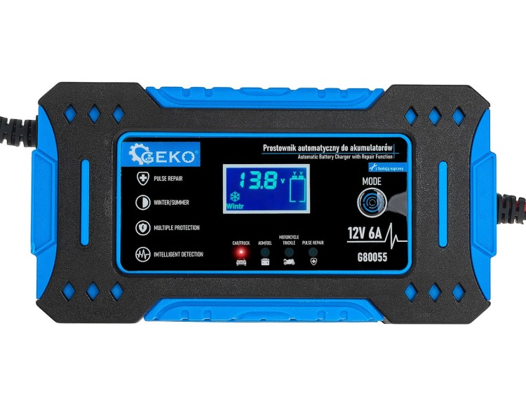 Prostownik automatyczny Geko 12V 6A z wyświetlaczem LCD i przyciskiem MODE