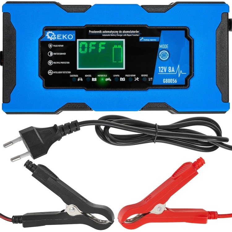 Prostownik automatyczny Geko 12V 8A z wyświetlaczem LCD i przewodami z zaciskami