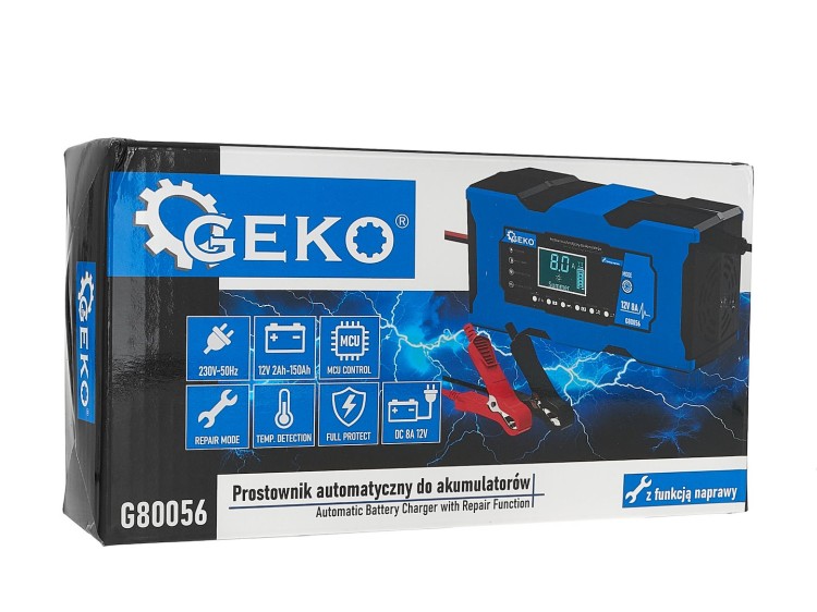 Prostownik automatyczny Geko 12V 8A z wyświetlaczem LCD i przewodami z zaciskami