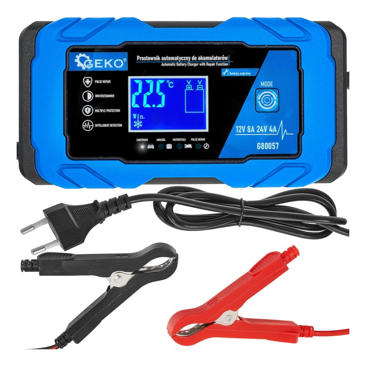 Prostownik Geko 12V 24V 8A z wyświetlaczem LCD i kablami z krokodylkami