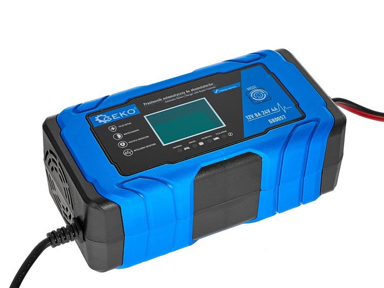 Niebiesko-czarny prostownik automatyczny Geko z wyświetlaczem LCD i przyciskiem MODE