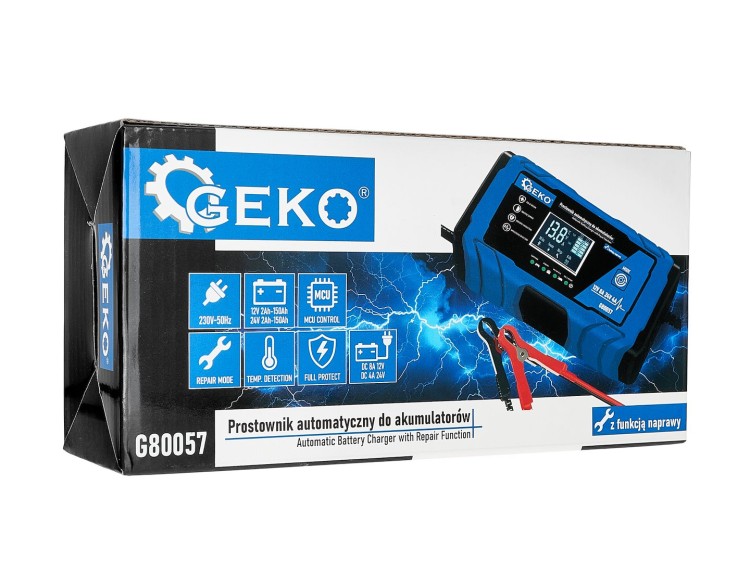 Prostownik Geko 12/24V 8A z wyświetlaczem LCD w niebiesko-czarnym opakowaniu