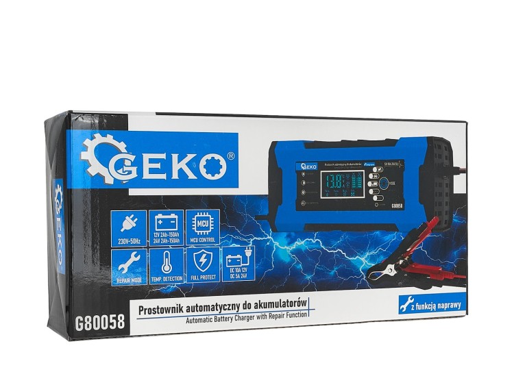 Prostownik Geko G80058 z wyświetlaczem LCD i kablami do akumulatorów