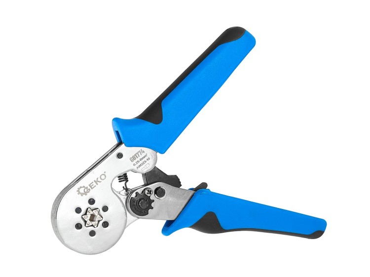 Zaciskarka praska sześciokątna do tulejek 0,25-6 mm2 z ergonomicznymi, niebiesko-czarnymi uchwytami