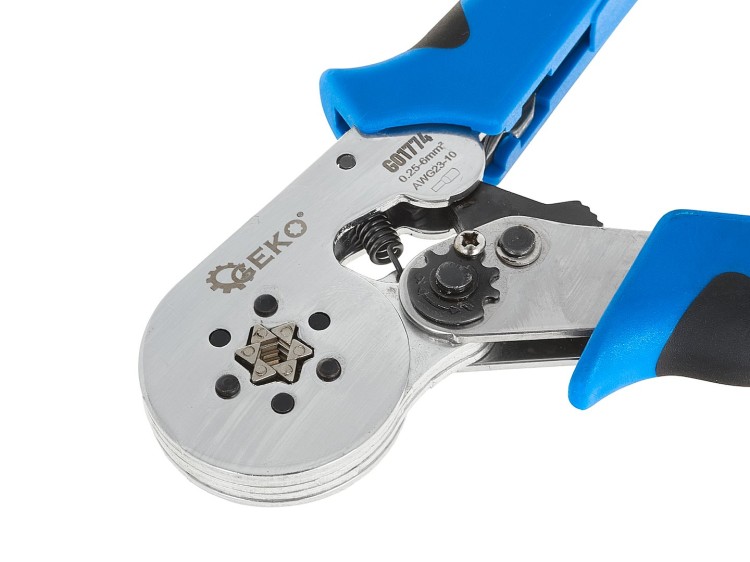 Zaciskarka praska sześciokątna do tulejek 0,25-6mm2 z ergonomicznymi niebiesko-czarnymi uchwytami