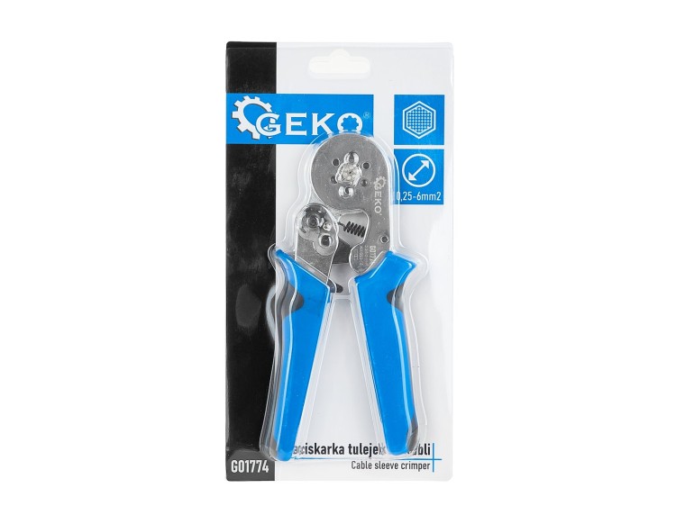 Sześciokątna zaciskarka do tulejek 0,25-6 mm2 z ergonomicznymi, niebiesko-czarnymi uchwytami marki Geko