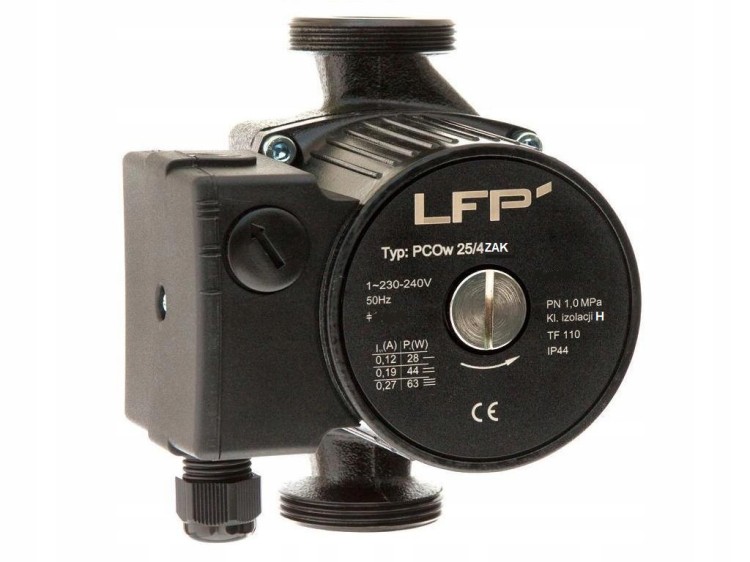 Pompa obiegowa LFP PCOw 25/4ZK z silnikiem elektrycznym, korpus żeliwny, 1-calowe przyłącza, czarna