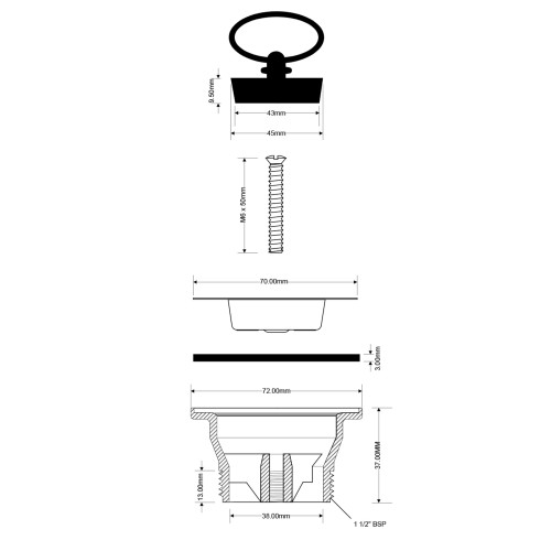 Rysunek techniczny spustu zlewozmywakowego 6/4" x 70 mm z sitkiem i korkiem gumowym, wymiary i przekrój