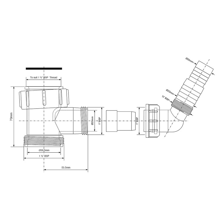 Schemat techniczny podłączenia do pralki zmywarki 1 1/2" x 1 1/2" V33S-FLUSH z wymiarami i gwintami
