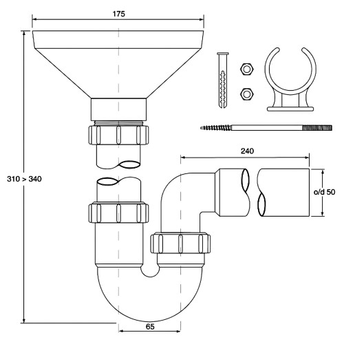 Syfon bojlerowy 1 1/2x50 mm złącza i wymiary do instalacji pod zawory bezpieczeństwa