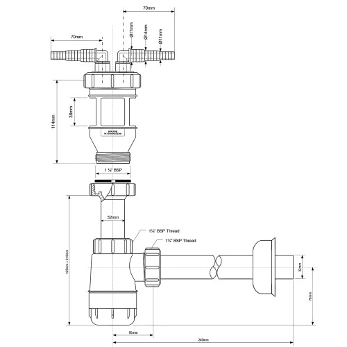 Schemat techniczny syfonu do odprowadzania popłuczyn 1 1/2" x 32 mm HC2-FUNNEL z wymiarami i oznaczeniami gwintów