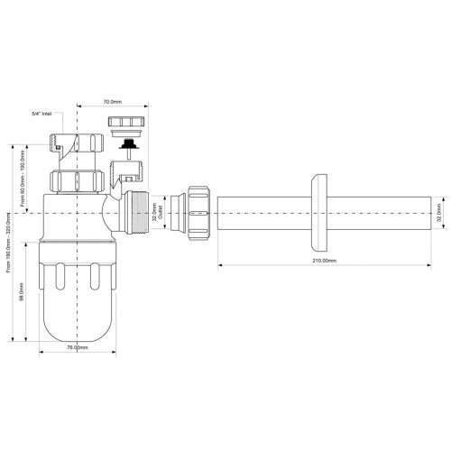 Syfon umywalkowy butelkowy 1 1/4"x32 mm z napowietrznikiem i wymiarami technicznymi