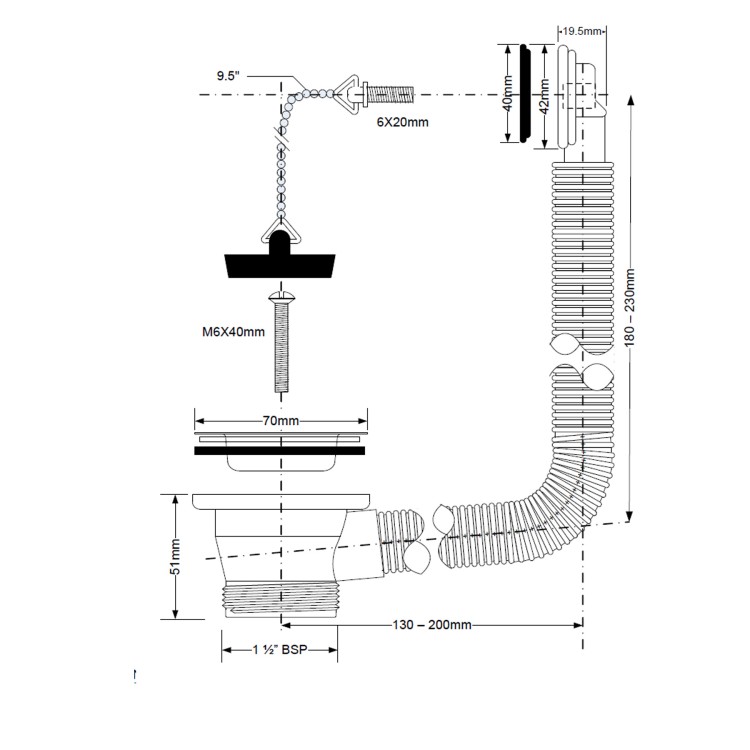 Spust zlewozmywakowy 1 1/2"x70mm z przelewem, gumowy korek na łańcuszku, sitko ze stali nierdzewnej, elastyczne rury