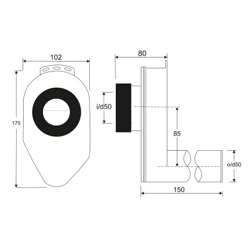 Syfon pisuarowy podtynkowy 50x50 mm poziomy z wymiarami i przekrojami technicznymi