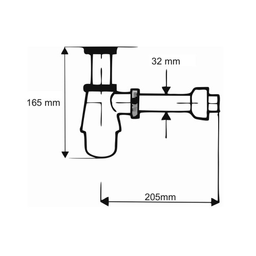 Syfon butelkowy mosiądz niski chrom 1 1/4"x32mm z wymiarami 165x205x32mm