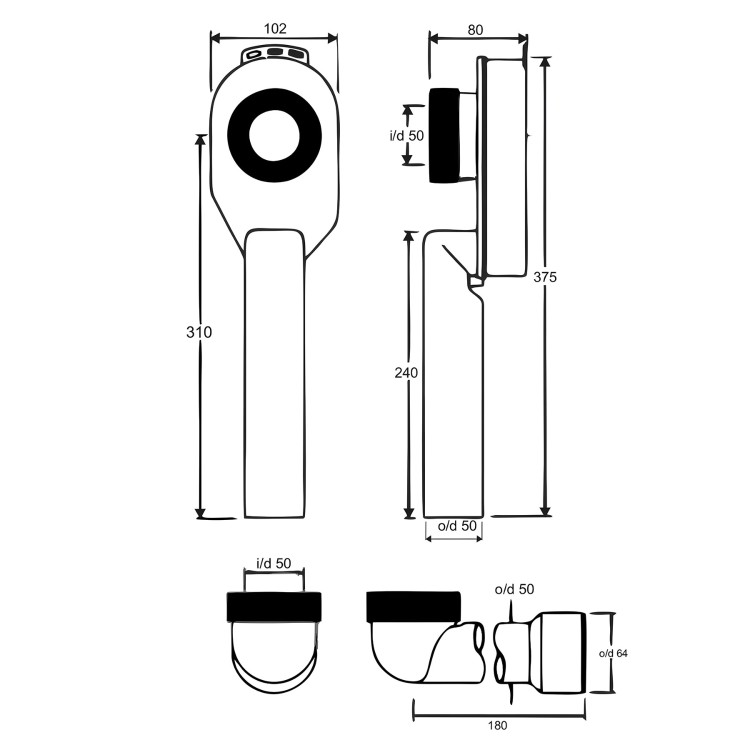 Syfon pisuarowy podtynkowy 50x50 mm poziomy i pionowy z wymiarami technicznymi