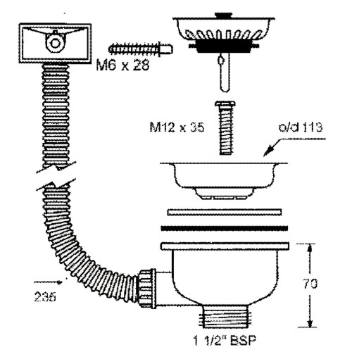 Schemat spustu zlewozmywakowego 1 1/2" x 113 mm z sitkiem i elastycznym odpływem