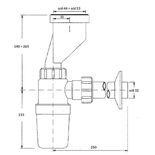 Rysunek techniczny syfonu pisuarowego mimośrodowego 2"x32mm z wymiarami i przesunięciem 32 mm