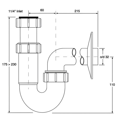 Rurowy syfon umywalkowy 5/4" x 32 mm złączki i wymiary 175-230 mm, 60 mm, 215 mm