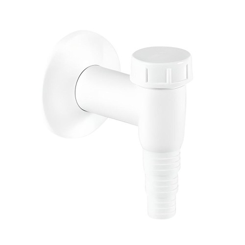 Białe przyłącze do pralki lub zmywarki 32mm z zaworem kulkowym i osłoną ścienną