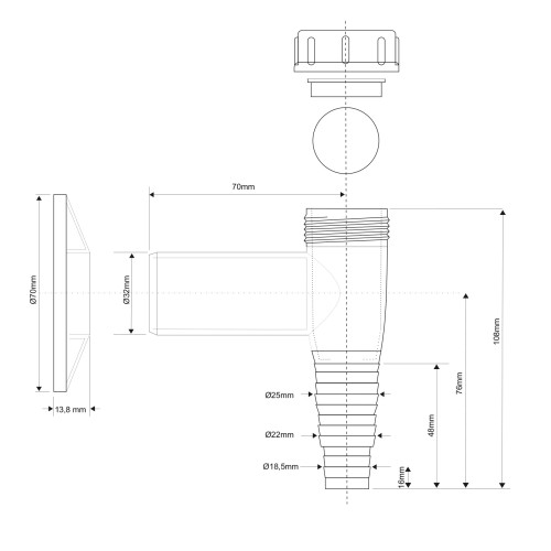 Przyłącze do pralki lub zmywarki 32mm WMV2-32PL McALPINE z zaworem kulkowym i wymiarami technicznymi
