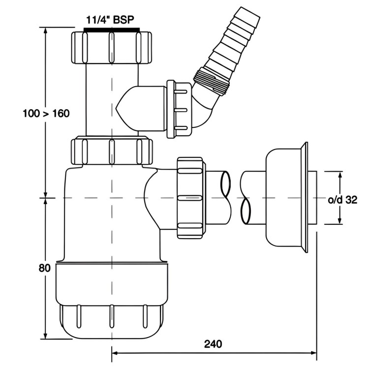 Syfon butelkowy niski do umywalki 1 1/4"x32mm z podłączeniem do pralki, wymiary 240x100-160x80 mm