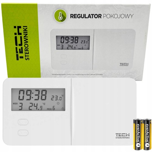 Sterownik pokojowy TECH T-9.1 z ekranem LCD, opakowanie i dwie baterie AA