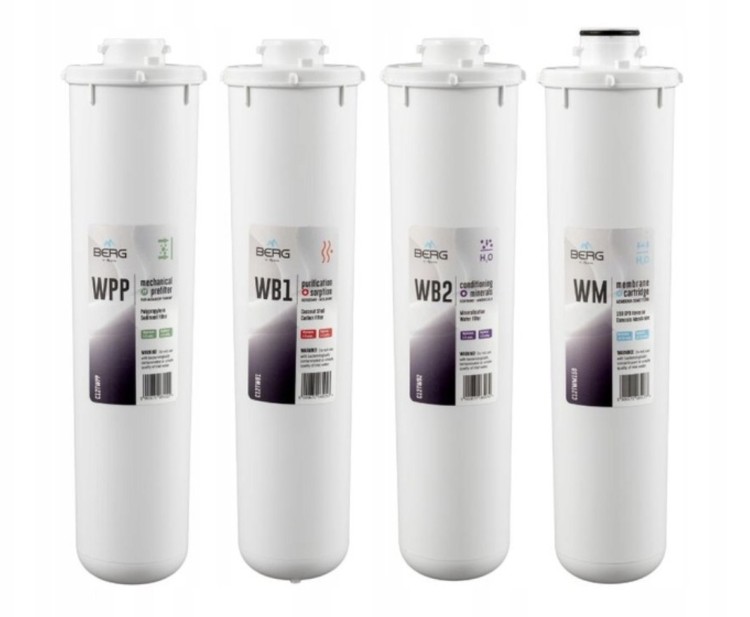 Cztery białe filtry do systemu odwróconej osmozy RO BERG Silver 150 GPD z oznaczeniami WPP, WB1, WB2, WM